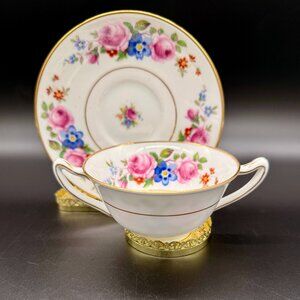 Paragon England Double-Handle Broth Cup & Saucer — Fine Bone China, Hand-Painted